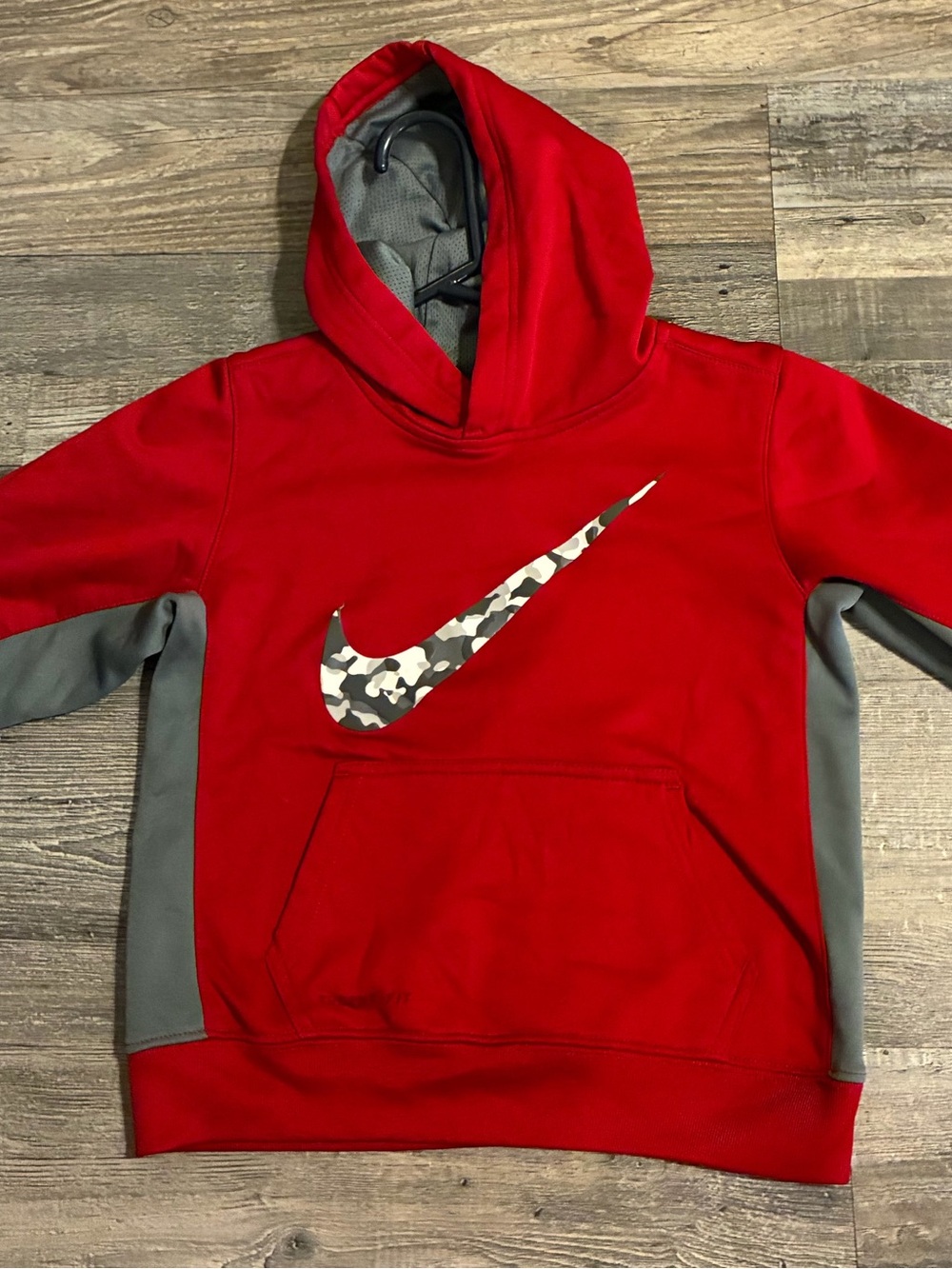 Nike Red Boys' Hoodie with Grey Accents and Camo Swoosh